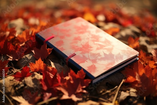 closeup notebook on the ground with autumn maple leaves background