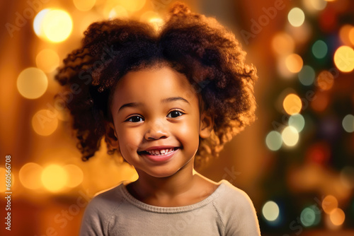 Little cute African American girl against golden Christmas background.