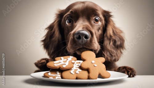 A funny image of a dog trying to steal a gingerbread cookie from a plate, with [Blank Space] for caption photo