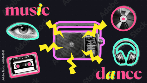 music design set with radio receiver audio cassette compact disc headphones eye on dark dotted background halftone collage elements
