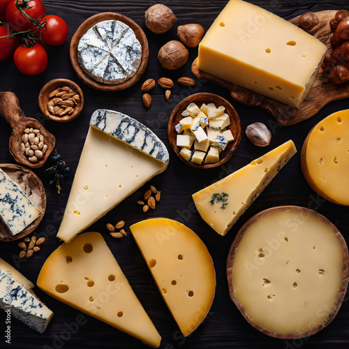 Wooden board with different kinds of delicious cheese on table. Generative Ai.