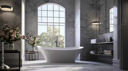 Bathroom with a marble countertop and dual vanity sinks and a spacious glass-enclosed shower and a clawfoot tub