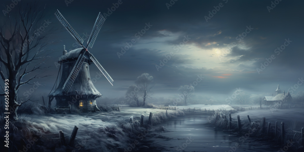 old dutch landscape, night scenery with a windmill in winter - obrazy, fototapety, plakaty 