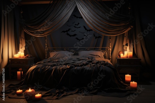 Spooky Gothic style Bedroom with Halloween Decoration concept