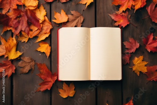top view opened notebook with autumn leaves on wooden background. diary for memoirs concept