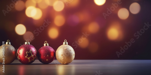 Merry Christmas ornaments. Red and Gold Christmas balls  defocused lights and copy space
