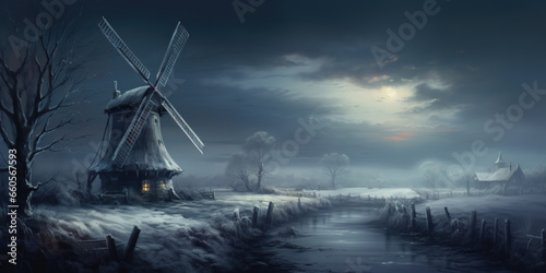 old dutch landscape, night scenery with a windmill in winter photo