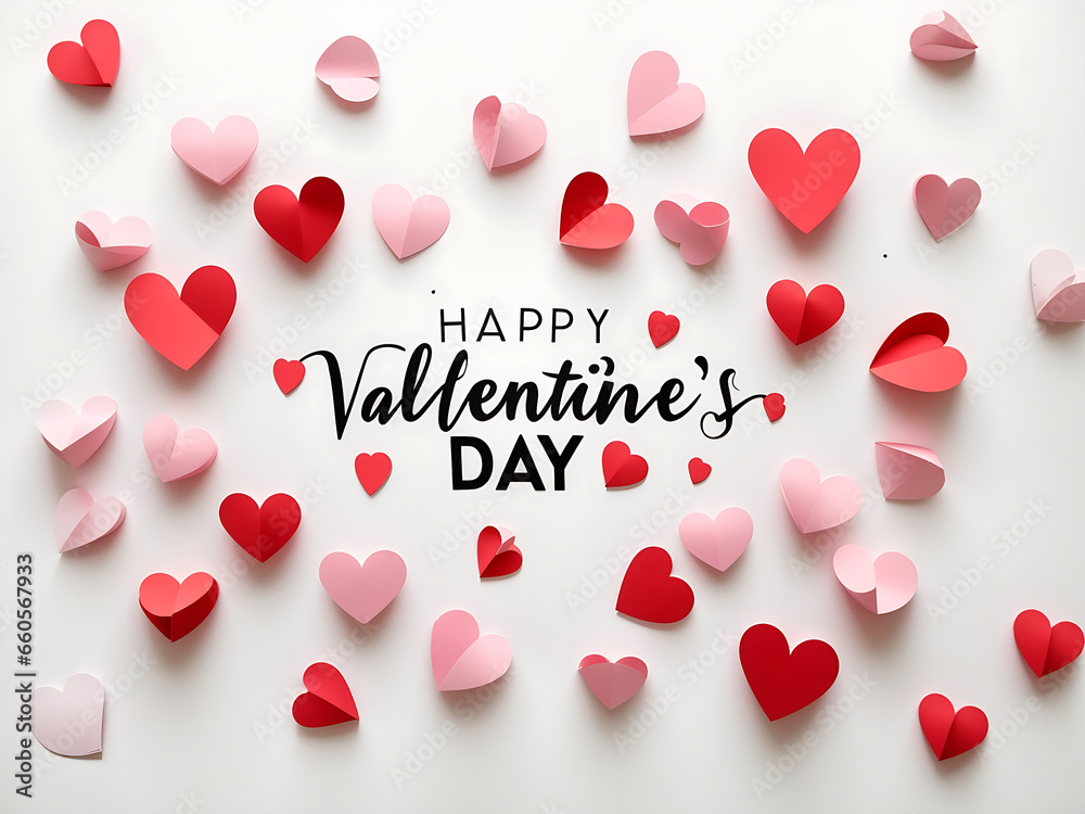 Happy Valentine's Day text with cutout paper hearts on white background 3D Rendering, 3D Illustration