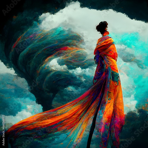 A beautiful woman with long flowing multi colored scarf long flowing dress in the heavy wind surreal abstract cinematic maxwell parish style electric clouds in unusually colred skies pizoellectric 