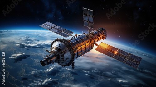 Space satellite in orbit of planet Earth. Space exploration. Elements of this image furnished by NASA