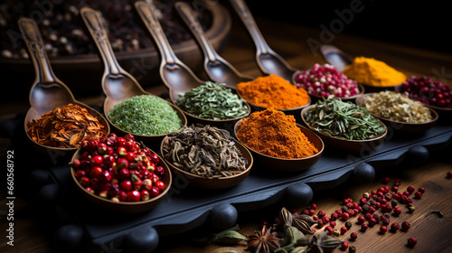 Fototapeta Naklejka Na Ścianę i Meble -  Traditional Sri Lankan recipe spices in spoons 