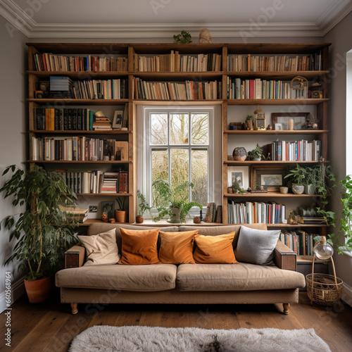 wooden bookcase filled with books in a UK home set © sana