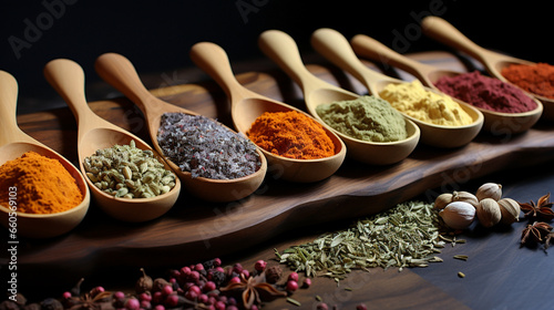 Spices in spoons lay in order on a table 