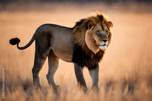 Wallpaper Mural A majestic lion stands with pride in the warm embrace of the African savannah's golden hour, its powerful roar resonating with the raw beauty of nature. Torontodigital.ca