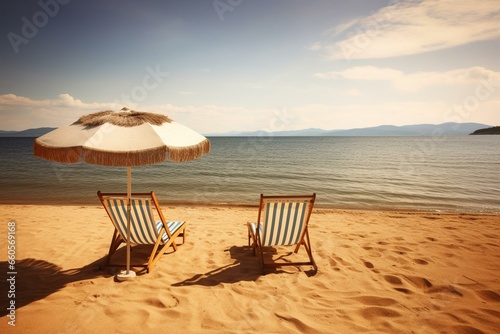 Two beach chairs and parasol on a beautiful golden beach. Generative AI