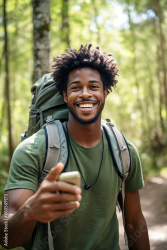Happy young black man captures vacation memories with a friendly smile, taking a mobile selfie amidst the picturesque forest landscape © AlDa.videophoto