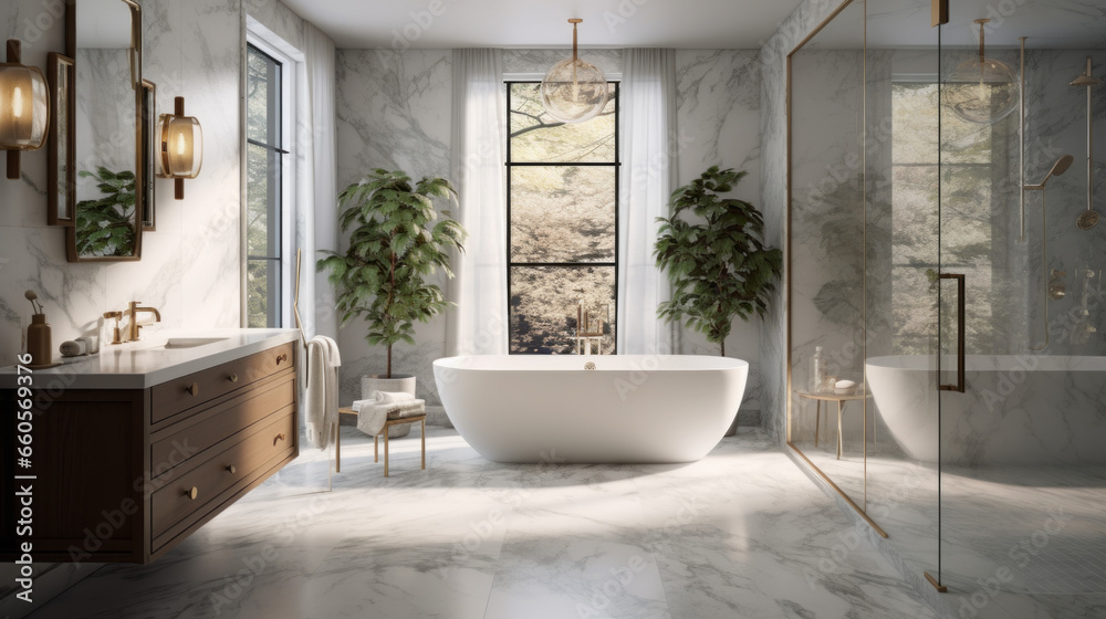 Bathroom with a walk-in shower and a freestanding tub and a marble vanity Bathroom with a walk-in shower and a freestanding tub and a marble vanity