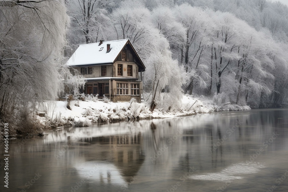 Winter house by river with snow. Generative AI