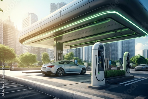 Charging eco-friendly electric cars using energy-efficient infrastructure. Generative AI