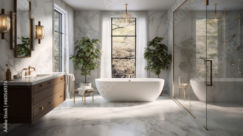 Bathroom with a walk-in shower and a freestanding tub and a marble vanity