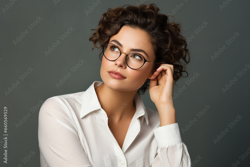 Thinking business woman, person in glasses, short hait Thinking business woman, person in glasses, short hait