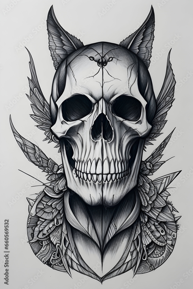 Fototapeta premium black and white skull tattoo illustration, skull pencil drawing