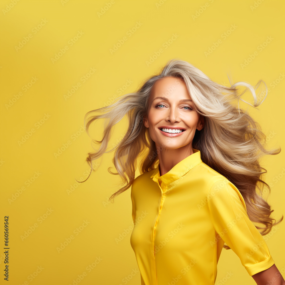 Fototapeta premium Cute middle aged woman smiling in yellow dress. Generated by AI.