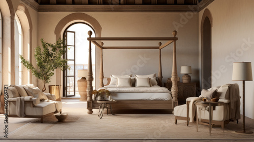 beautiful bedroom is dressed in warm and earthy tones A luxurious four-poster bed stands in the center of the room and a large armchair sits in the corner