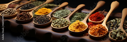 Different spices and curry powders in spoons 