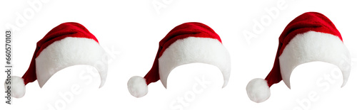 Set of three red santa hats in PNG isolated on transparent background. New Year red hat photo