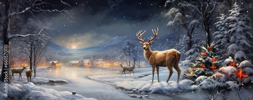 Photographie Christmas and New Year background with deer in the forest at night