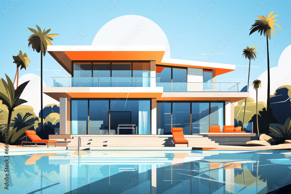 Modern country house villa in a minimalist cubic style with swimming pool, illustration of a vacation on the sea coast Modern country house villa in a minimalist cubic style with swimming pool, illustration of a vacation on the sea coast