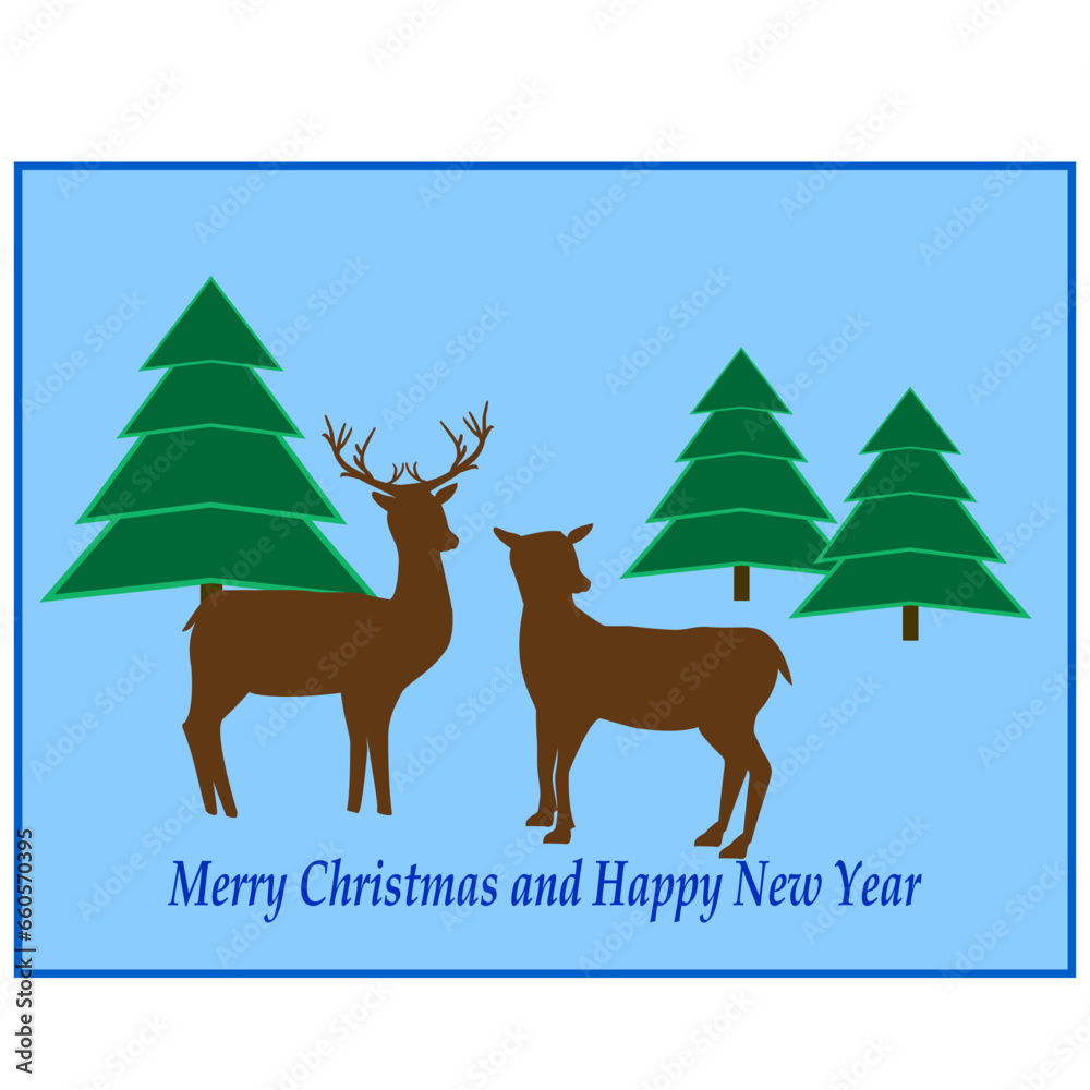 Naklejka premium New Year picture with deer, tree, congratulations