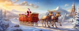 Santa Claus in a sleigh with reindeer and a carriage on the background of the Christmas landscape.