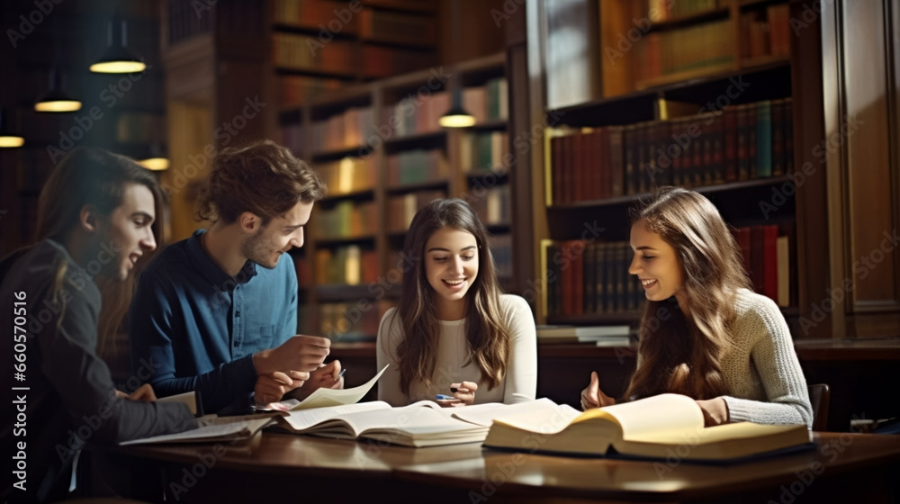 stockphoto, copy space, Group of students having discussion while studying in college library. Group of students sitting around a table studying and learning. Information, books. People doing group st stockphoto, copy space, Group of students having discussion while studying in college library. Group of students sitting around a table studying and learning. Information, books. People doing group st