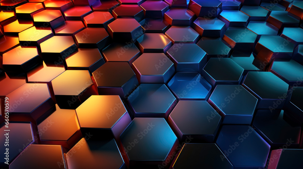 Abstract colorful iridescent reflective metallic hexagonal tile pattern background - obrazy, fototapety, plakaty 