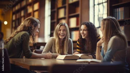 stockphoto, copy space, Group of students having discussion while studying in college library. Group of students sitting around a table studying and learning. Information, books. People doing group st photo