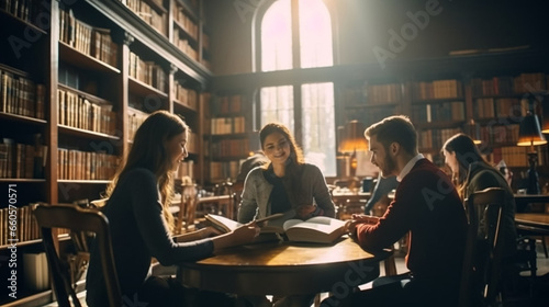 stockphoto, copy space, Group of students having discussion while studying in college library. Group of students sitting around a table studying and learning. Information, books. People doing group st