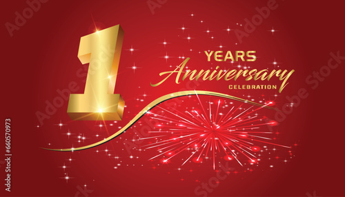 Celebrate the 1st anniversary with gold 3D letters, gold ribbons on a red background.