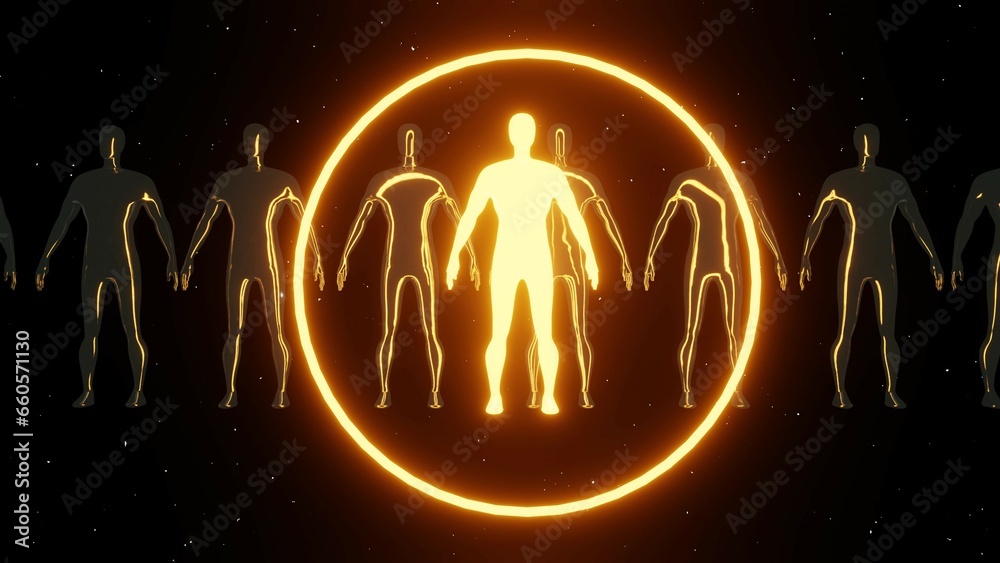 Abstract 3D background many spiritual humans in space. Neon yellow rainbow hoops groovy and glow, shine. Special person 4k - obrazy, fototapety, plakaty 