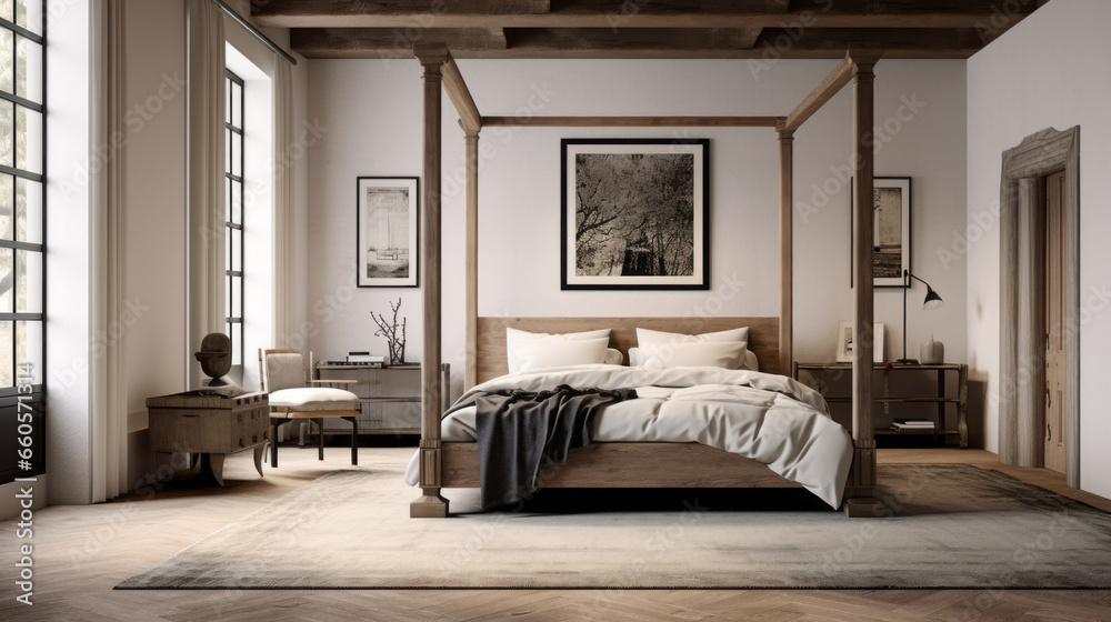 Bedroom with a four-poster bed and wall mounted art and a black and white area rug Bedroom with a four-poster bed and wall mounted art and a black and white area rug