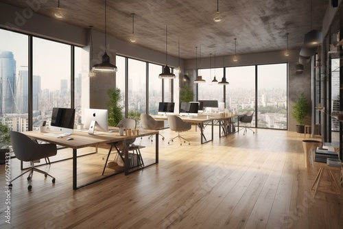 Contemporary coworking space with wood flooring  furniture  equipment  and city view through window. Rendered in 3D. Generative AI