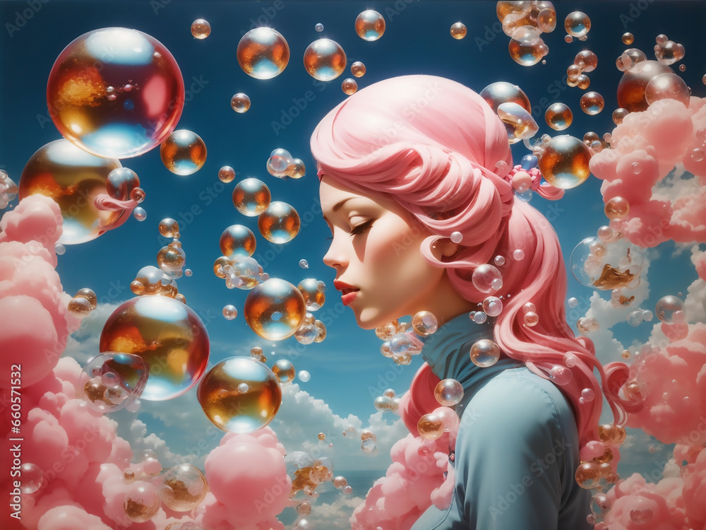 girl with bubbles, surrealism, retro girl with pink hair surrounded with bubbles
