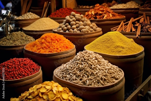 Assorted spices on bustling street bazaar. Generative AI