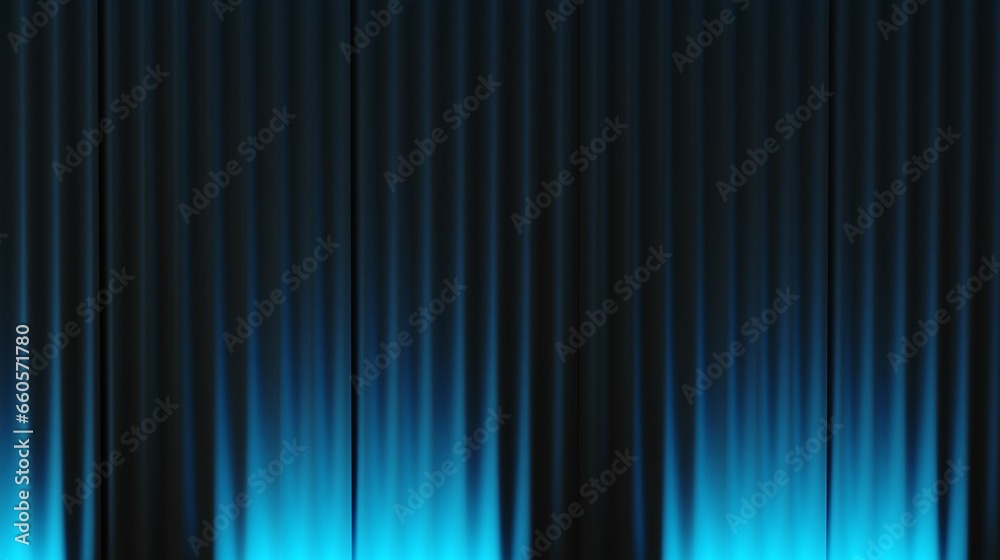 Indoor silky luxury blue curtain stage background with spotlight beam illumination. Theater curtains. Concert stage with drapery and vivid neon light.