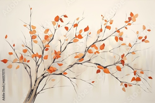 An artwork depicting a branch adorned with orange leaves against a neutral beige backdrop. Generative AI