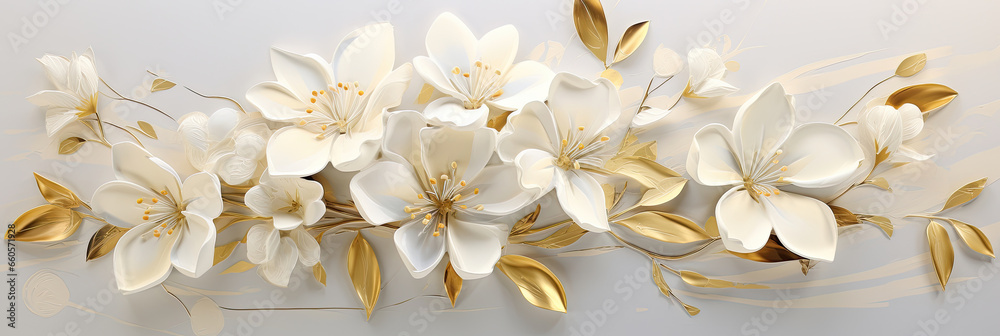 a bunch of white flowers with gold leaves.   Gouache Painting of a White color flower, Perfect for Wall Art.