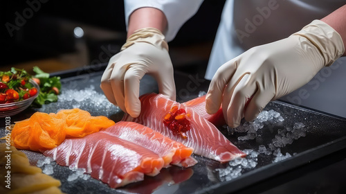 Сlose-up of the sous chef hands slicing fresh red fish for sashimi, sushi or rolls. The process of fish preparation in the Japanese restaurant kitchen. 