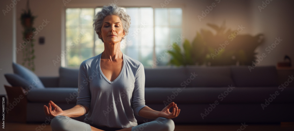 Middle aged woman meditating at home with eyes closed, relaxing body and mind in a living room. Mental health, meditation and mindfulness. Self care and wellbeing. With copy space. - obrazy, fototapety, plakaty 