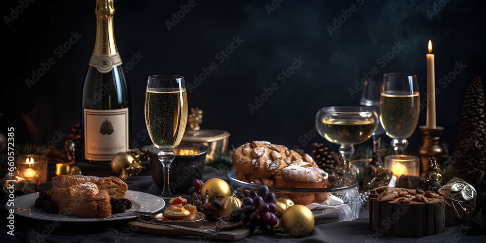 Festively set table with glasses, champagne and snacks. Christmas tree with bokeh on background